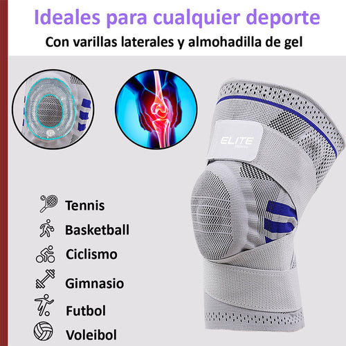 Rodilleras deportivas (PAR) con almohadilla de gel, varillas laterales, y vendas ajustables