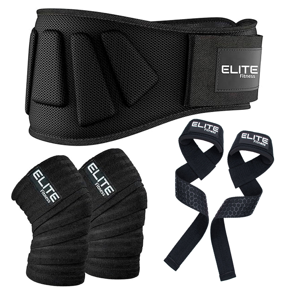 Kit Gym Elite Fitness: Cinturón de cuero + Vendas de Rodilla + Straps Antideslizantes