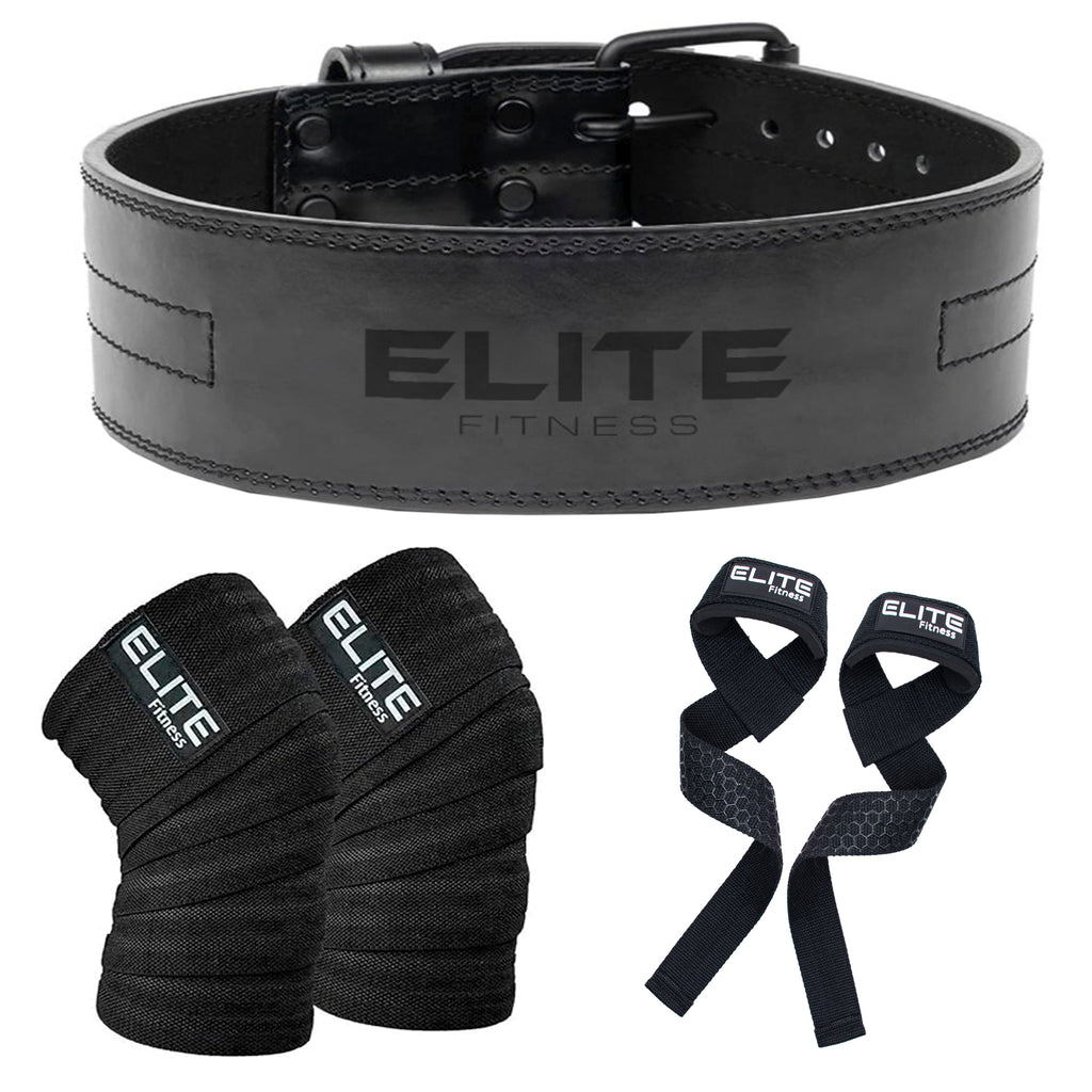 Kit Pro Elite Fitness Cinturon de Cuero + Vendas de Rodilla + Straps de Levantamiento
