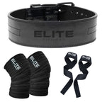 Kit Pro Elite Fitness Cinturon de Cuero + Vendas de Rodilla + Straps de Levantamiento