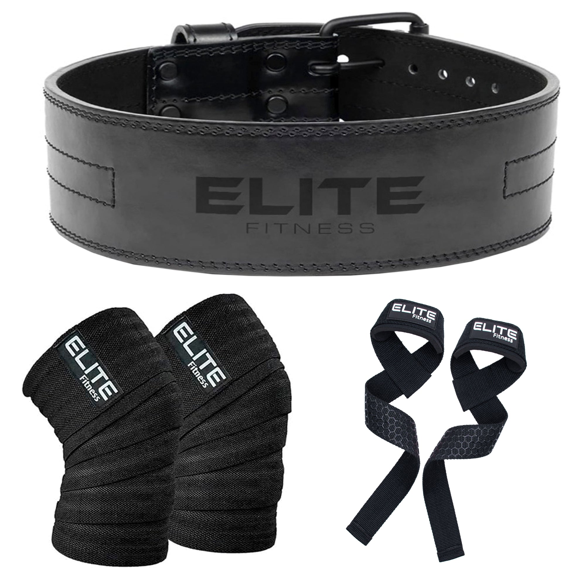 Kit Pro Elite Fitness Cinturon de Cuero + Vendas de Rodilla + Straps de Levantamiento