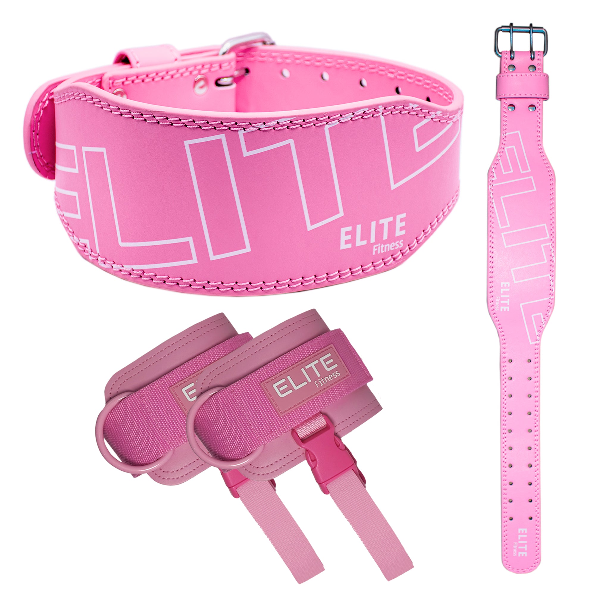 Kit Rosa Elite Fitness: Cinturón de Cuero + Grilletes con soporte